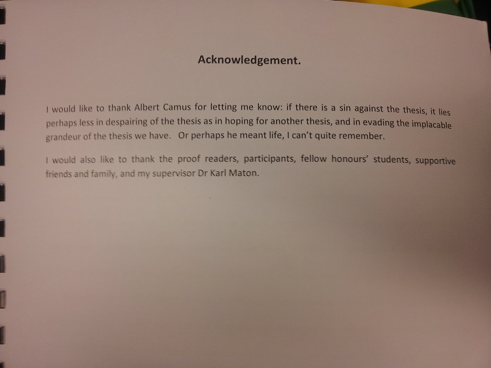 Acknowledgement page in thesis